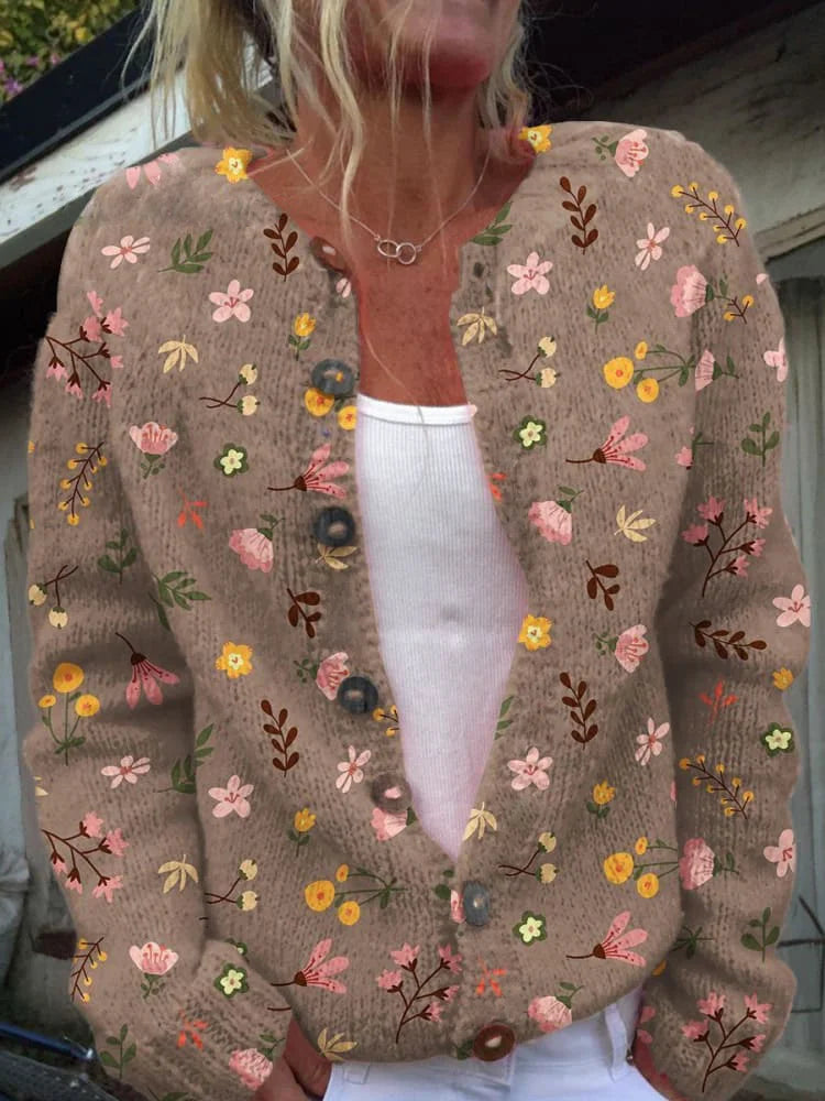 Margot floral printed knit cardigan in taupe floral, front view