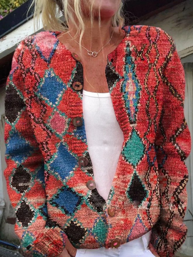 Margot printed knit cardigan in red diamond pattern, front view