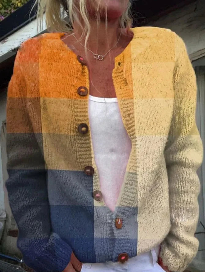 Margot colour-block knit cardigan in orange and blue, front view