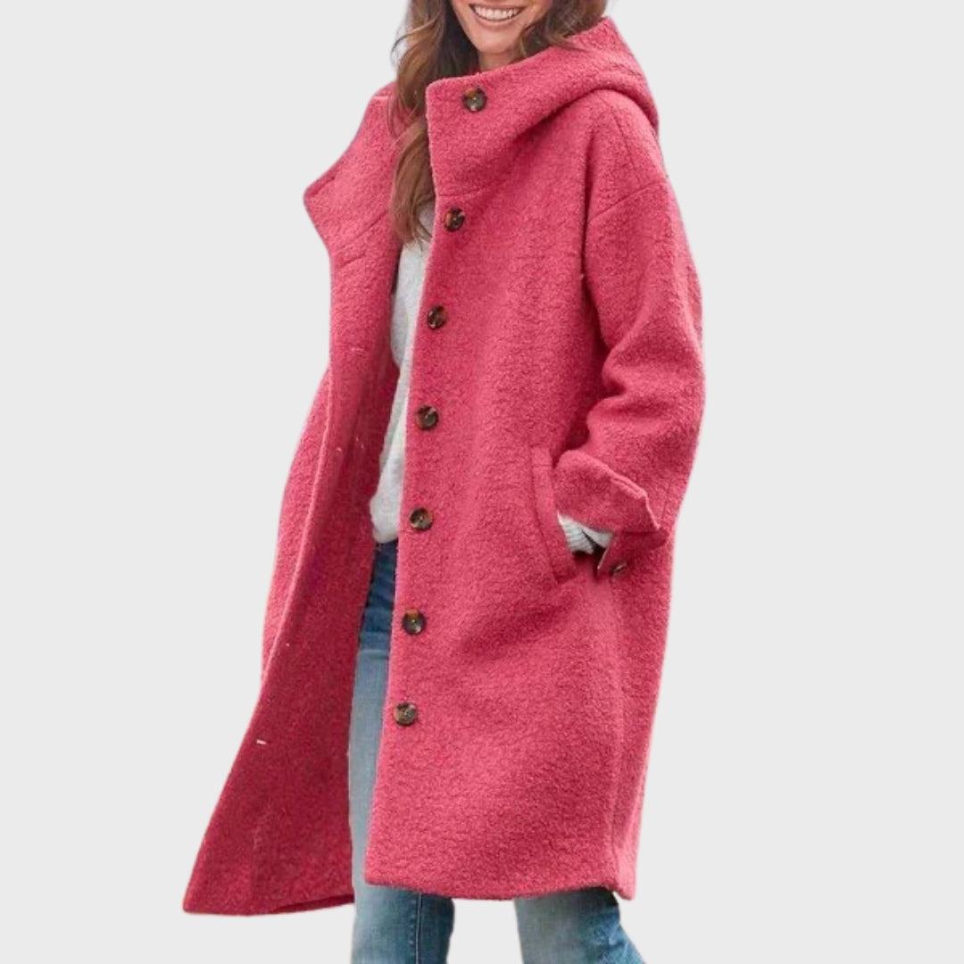 Margot hooded button-front trench coat in pink, side view