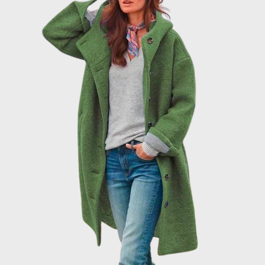 Margot hooded longline trench coat in green, front view
