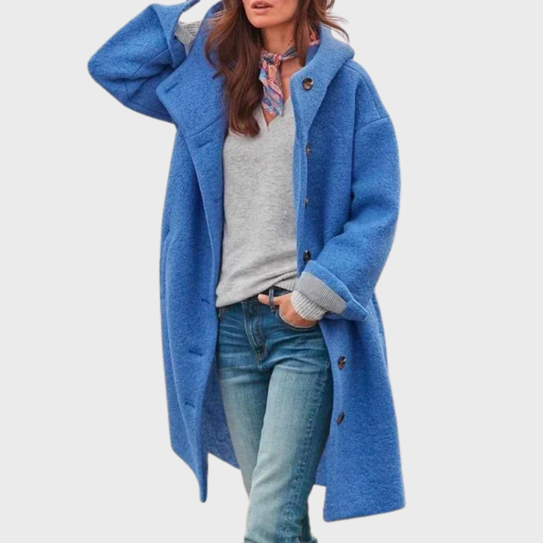 Margot hooded longline trench coat in blue, front view