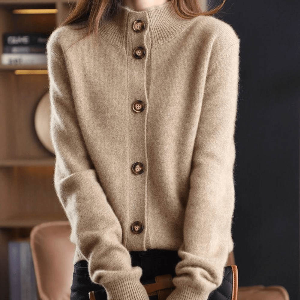 Margot knit button-front cardigan with stand collar, front view