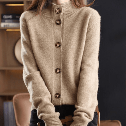 Margot knit button-front cardigan with stand collar, front view