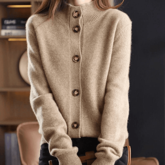 Margot knit button-front cardigan with stand collar, front view
