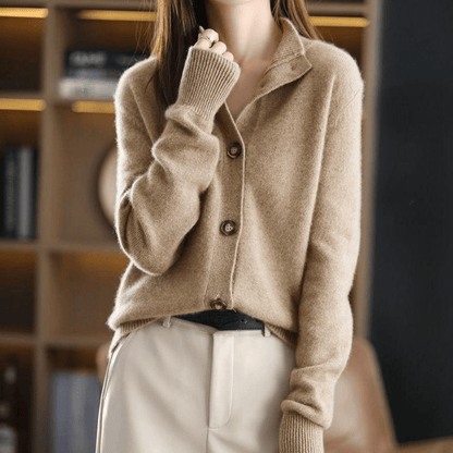 Margot knit cardigan with notch lapel collar, hand at chin
