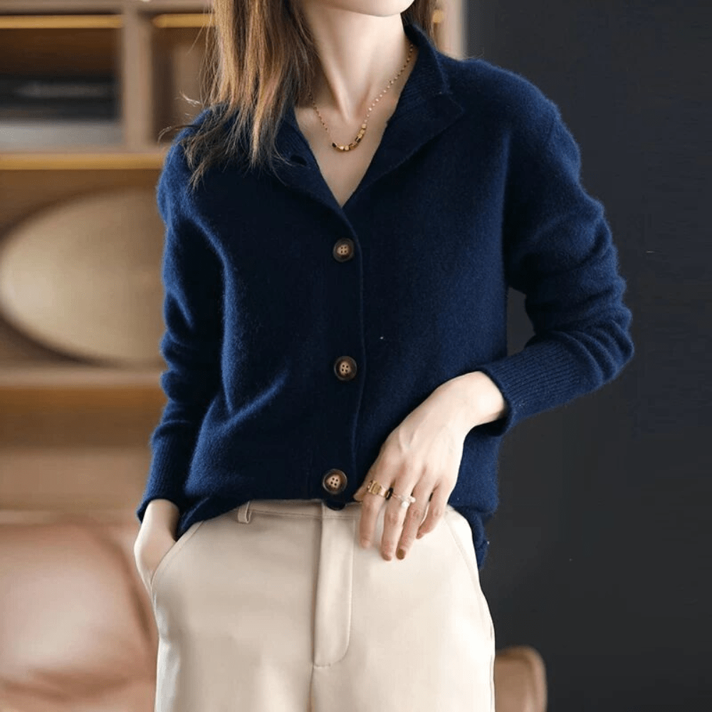 Margot knit cardigan with notch lapel collar, hands in pockets
