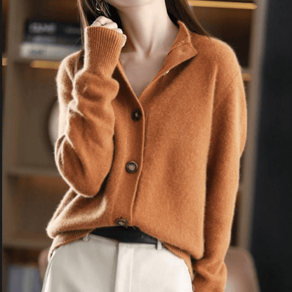 Margot knit cardigan with notch lapel collar, hand at chin