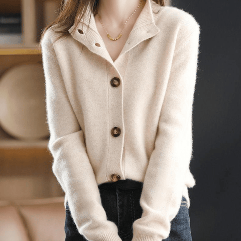 Margot knit cardigan with stand collar, close-up front view