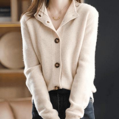 Margot knit cardigan with stand collar, close-up front view