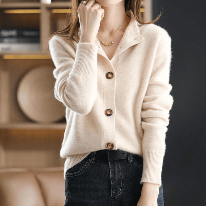 Margot knit cardigan with notch lapel collar, close-up front view