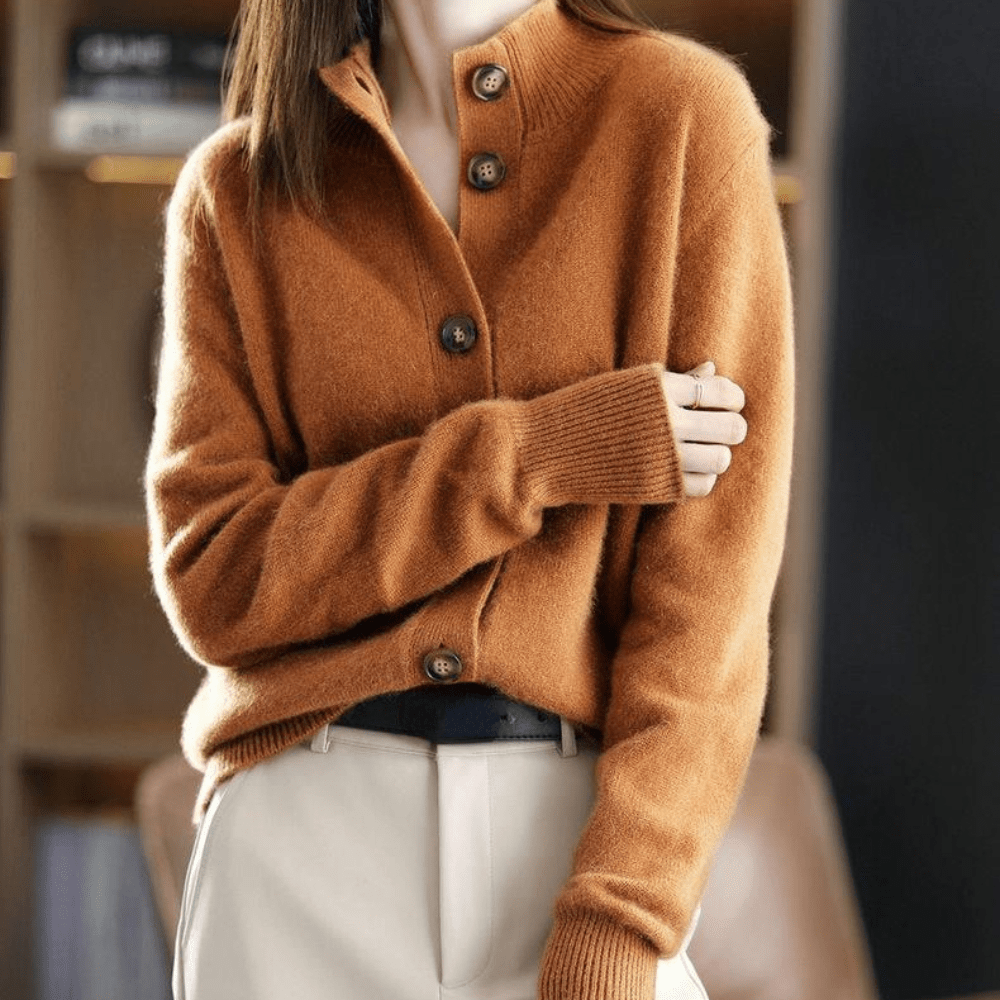 Margot knit cardigan with high neck and buttons, arms crossed