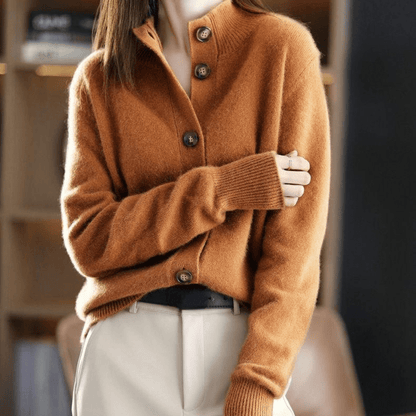 Margot knit cardigan with high neck and buttons, arms crossed