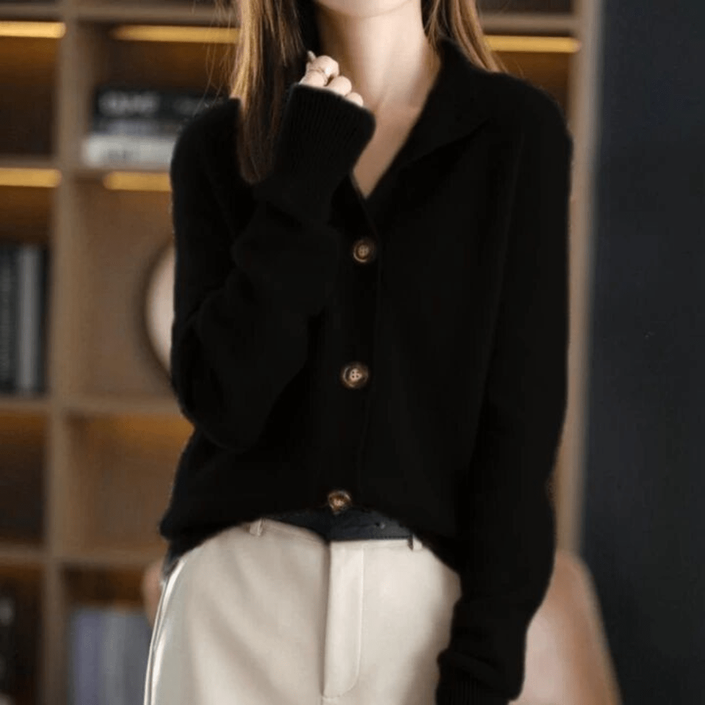 Margot knit cardigan with notch lapel collar, hand at chin