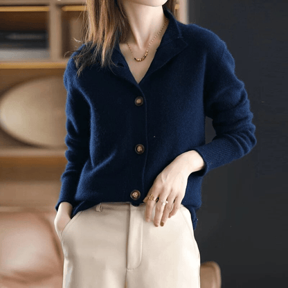 Margot knit cardigan with notch lapel collar, hands in pockets