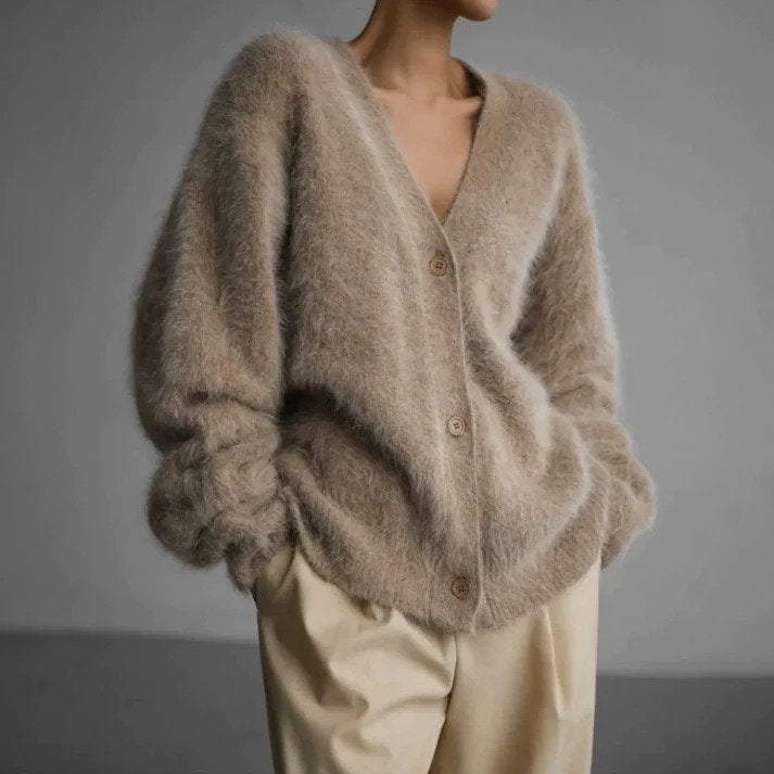 Margot oversized fuzzy knit cardigan in beige, front view with hands in pockets