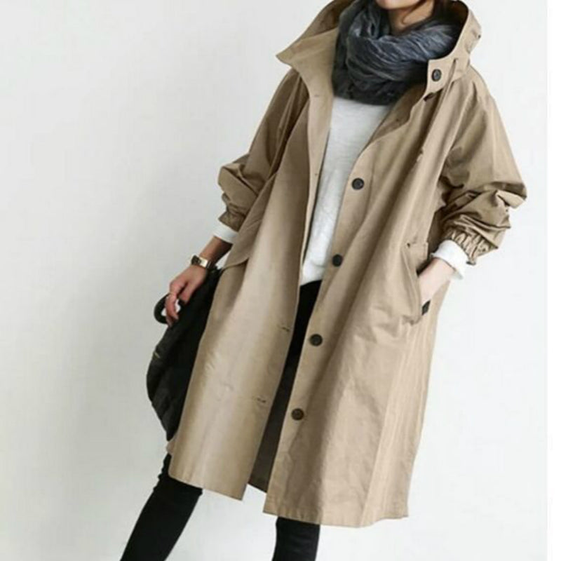 Margot khaki oversized hooded trench coat with scarf, front view