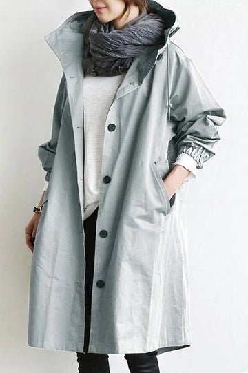 Margot light grey oversized hooded trench coat with scarf, front view