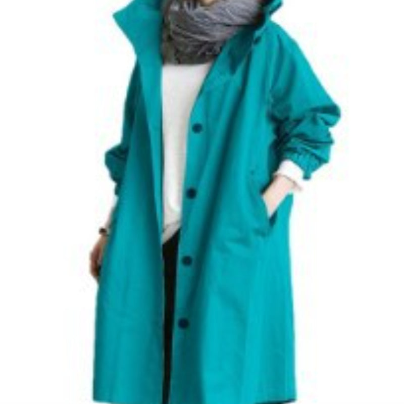 Margot teal oversized hooded trench coat, front view close up