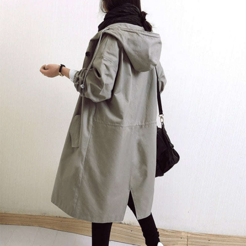 Margot grey oversized hooded trench coat, back view with hood up