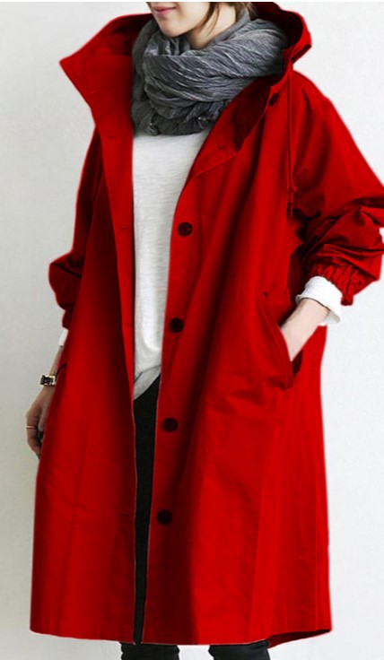 Margot red oversized hooded trench coat, front view