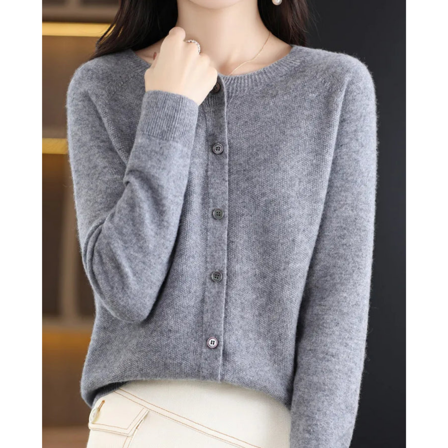 Margot cashmere knit cardigan in grey, front view