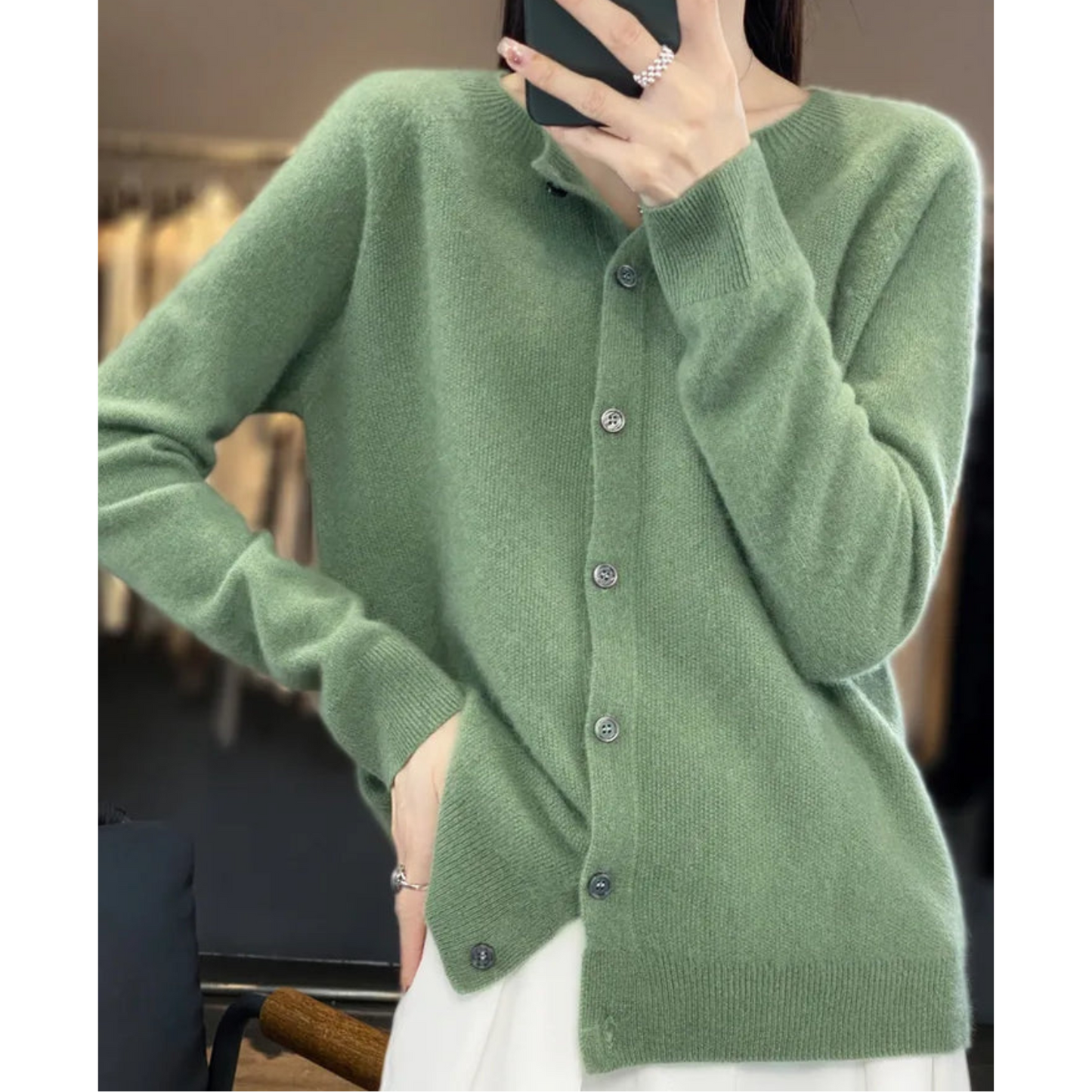 Margot cashmere knit cardigan in sage green, mirror selfie