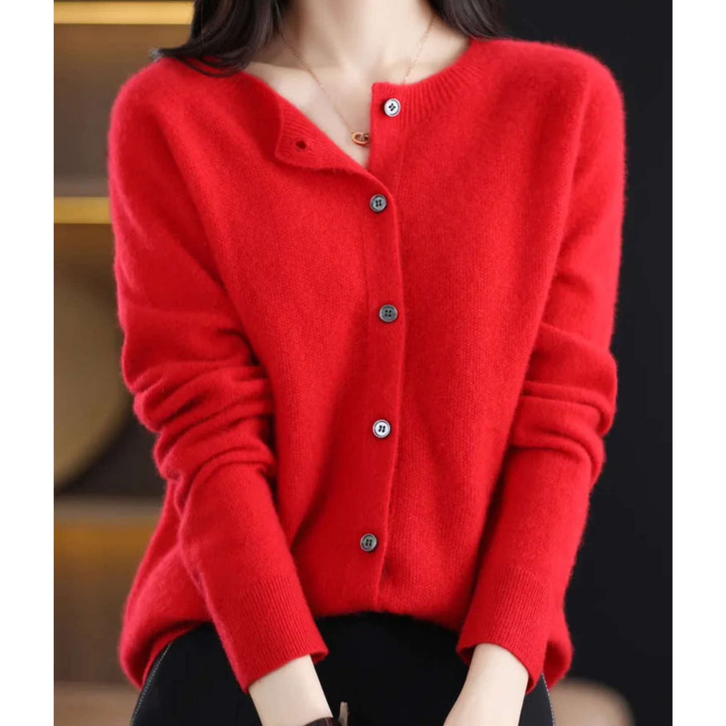 Margot cashmere knit cardigan in red, close-up front view