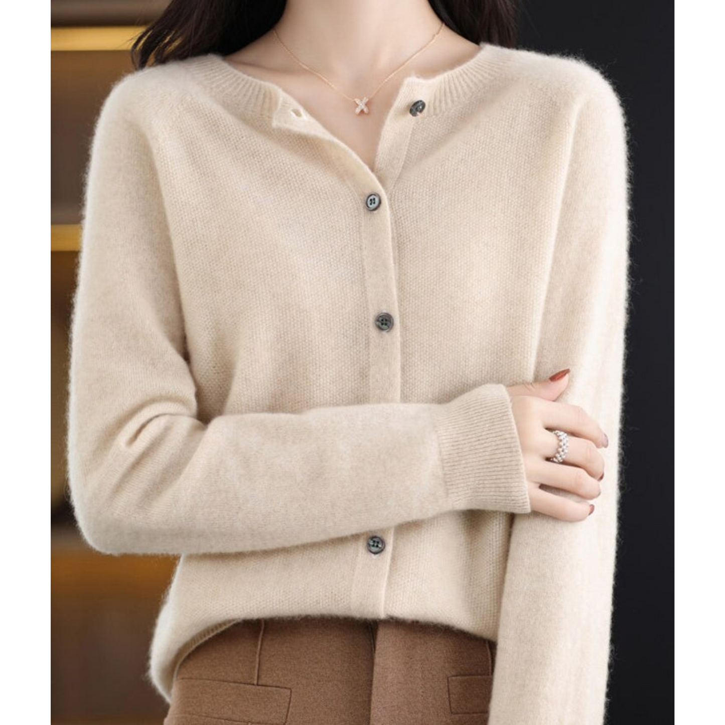 Margot cashmere knit cardigan in cream, front view