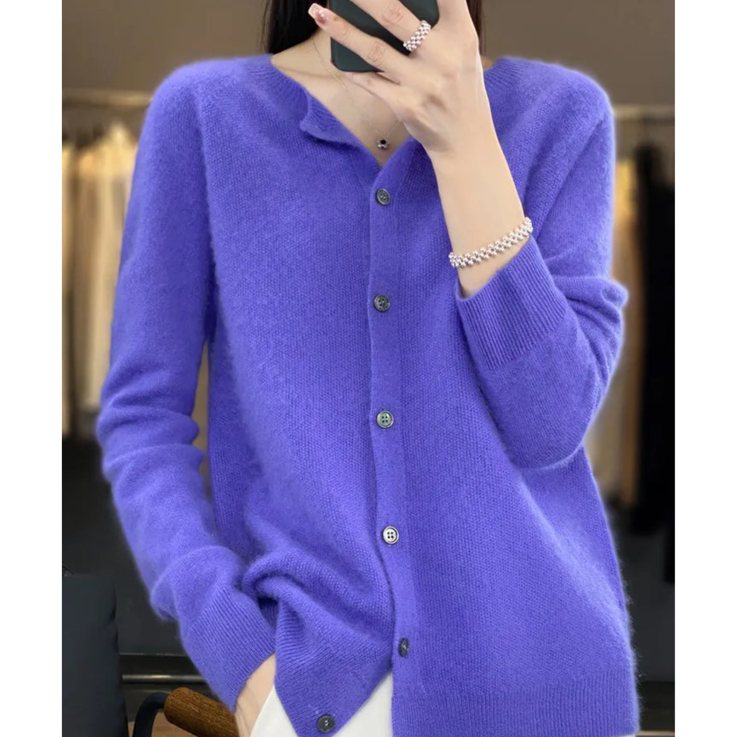 Margot cashmere knit cardigan in violet, mirror selfie