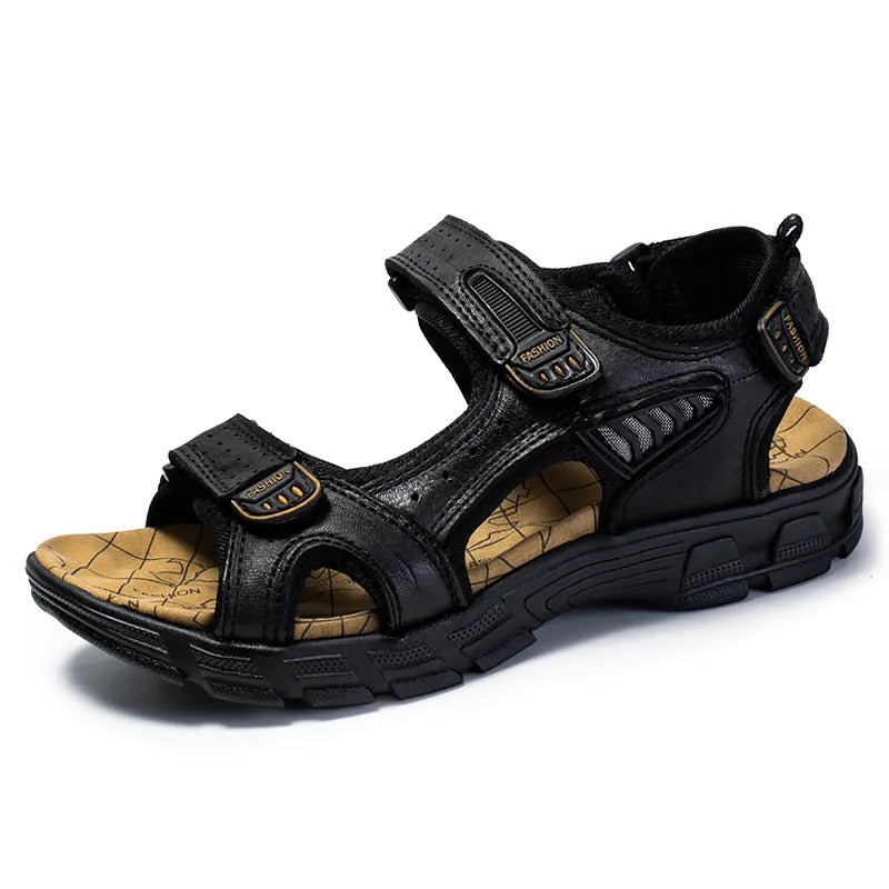 Marlow orthopedic sandals in black, angled side view showing velcro straps