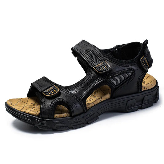 Marlow orthopedic sandals in black, angled side view showing velcro straps