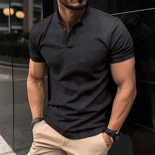 Martin henley shirt with mandarin collar, front view in black