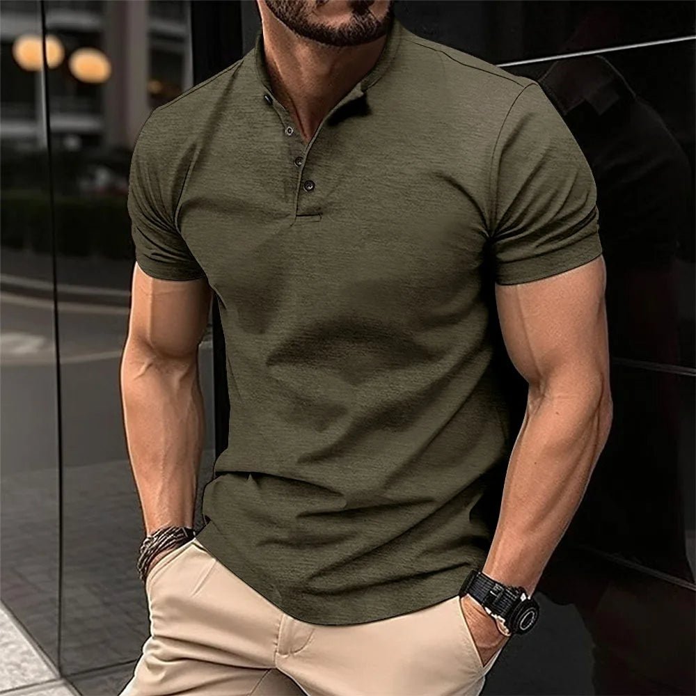 Martin henley shirt with mandarin collar, front view in green