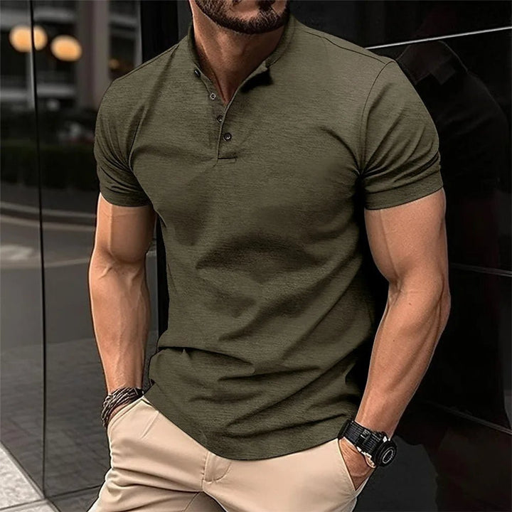 Martin henley shirt with mandarin collar, front view in green