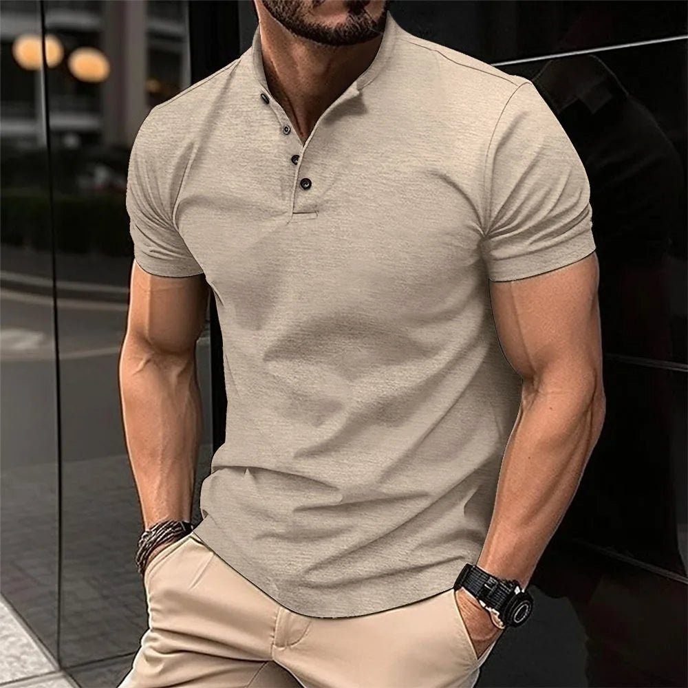 Martin henley shirt with mandarin collar, front view in beige