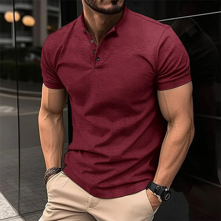 Martin henley shirt with mandarin collar, front view in burgundy