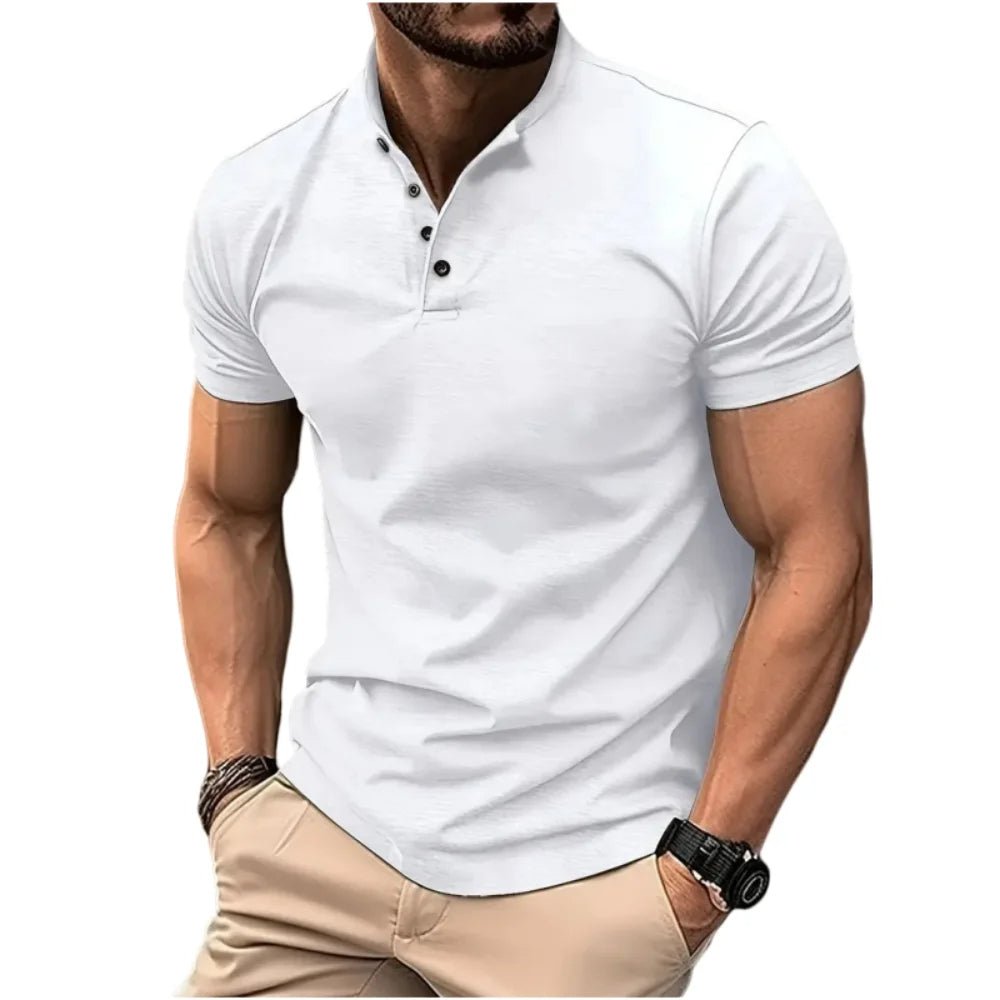 Martin henley shirt with mandarin collar, front view in white