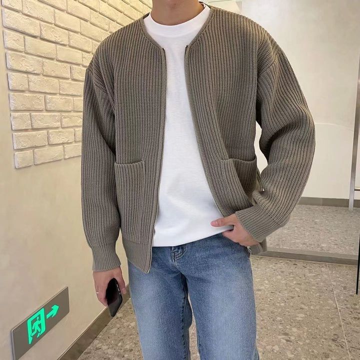 Miles ribbed knit zip-up cardigan in taupe, close-up front view with white t-shirt