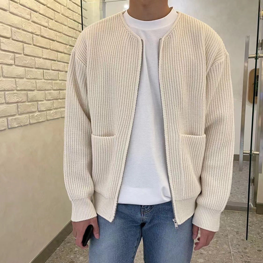 Miles ribbed knit zip-up cardigan in cream, close-up front view with white t-shirt