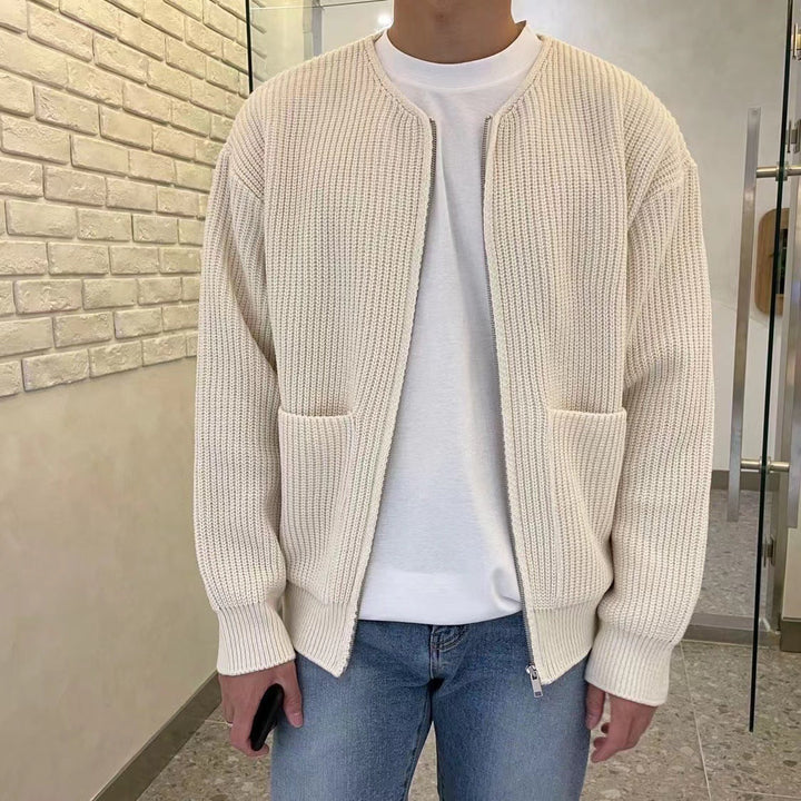 Miles ribbed knit zip-up cardigan in cream, close-up front view with white t-shirt