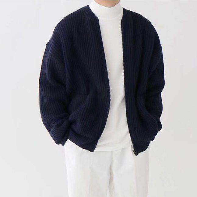 Miles ribbed knit zip-up cardigan in navy, open front view with white turtleneck