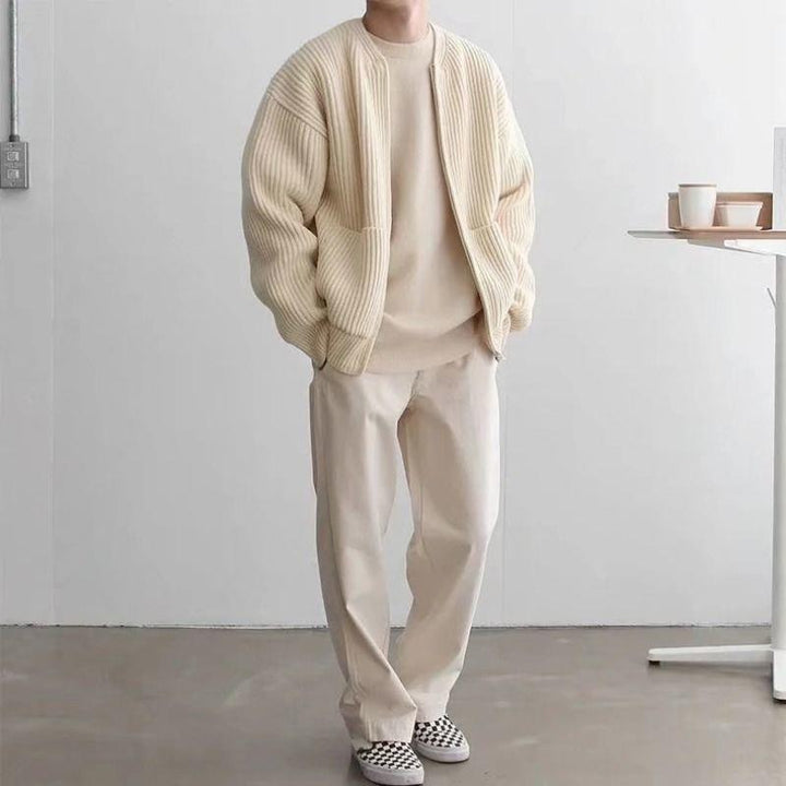 Miles ribbed knit zip-up cardigan in cream, full outfit front view with matching trousers