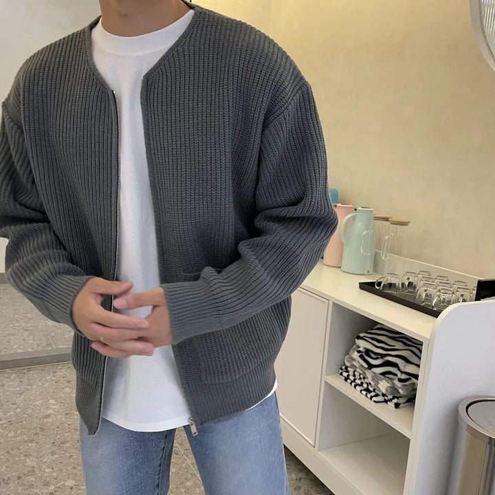 Miles ribbed knit zip-up cardigan in grey, close-up front view indoors