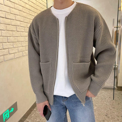 Miles ribbed knit zip-up cardigan in taupe, close-up front view showing front pockets