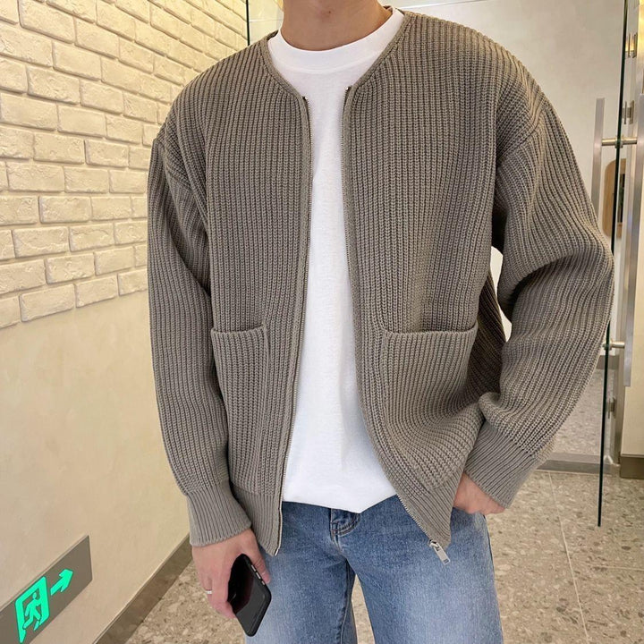 Miles ribbed knit zip-up cardigan in taupe, close-up front view showing front pockets