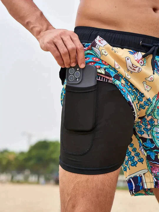 Noah farm print swim shorts, side view with phone in hidden pocket