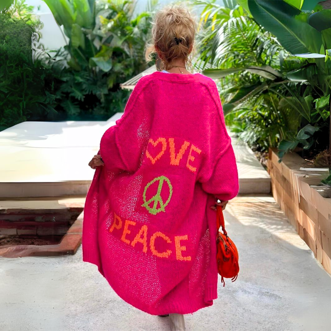 Poppy pink slogan print maxi cardigan, back view poolside