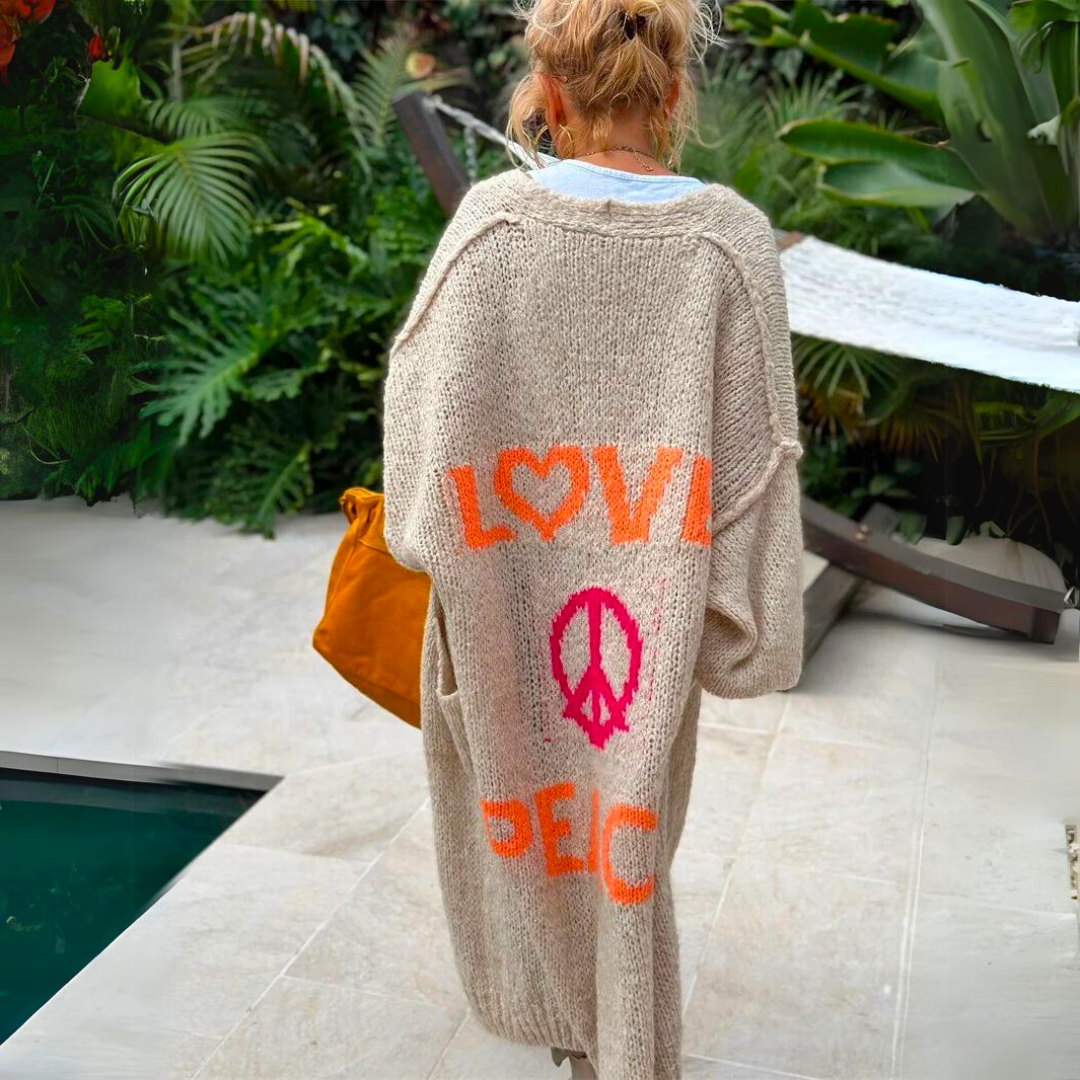 Poppy beige slogan print maxi cardigan, back view by pool