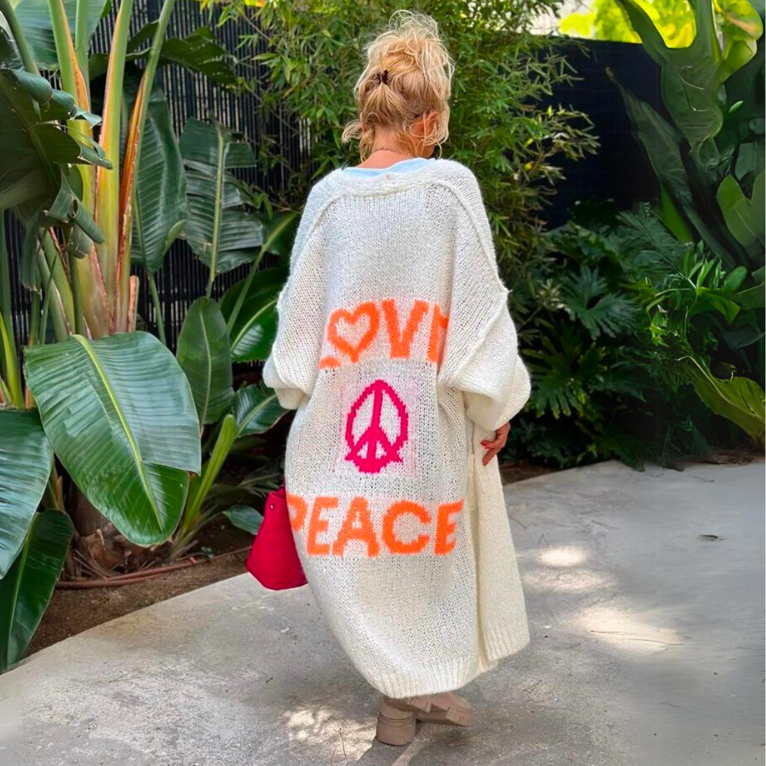 Poppy white slogan print maxi cardigan, back view close-up